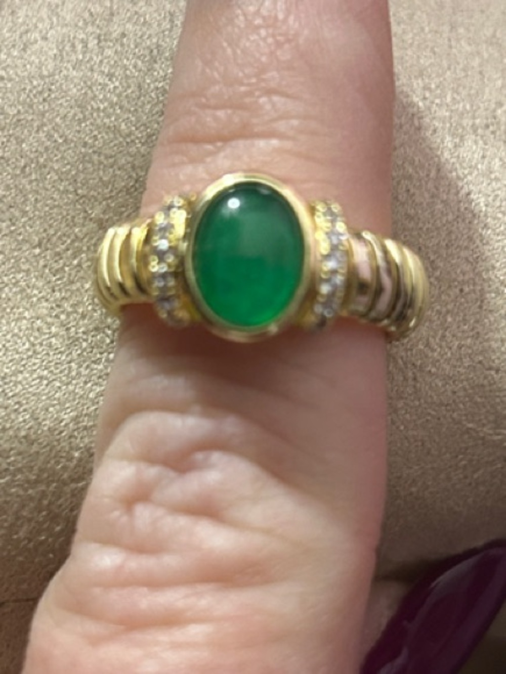 Green Oval Gem Stone & CZ Accented Stones in Gold Tone Setting NEW